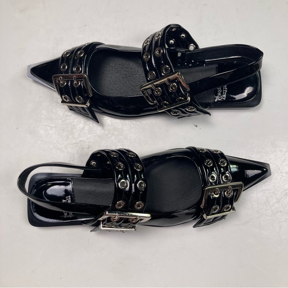 NWOT JEFFREY CAMPBELL Deb Patent Black Studded Pointed Toe Buckle Sandal Flat - Picture 2 of 9